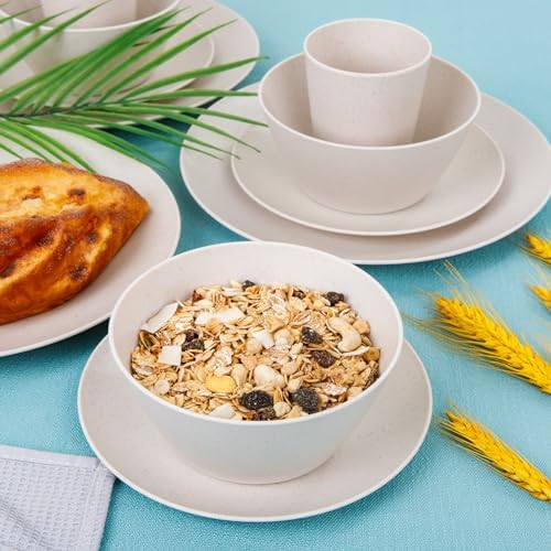 Supernal 32Pcs Reusable Cream Wheat Straw Dinnerware Plates and Bowls Sets