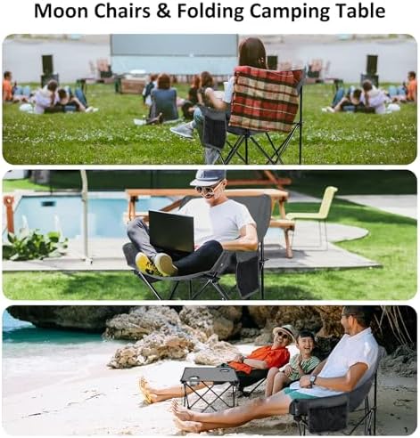 Leonyo Camping Chairs for Adults, 2 Pack Folding Lawn Chair & Table, Grey