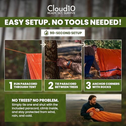CloudTen Emergency Tent: Lightweight 2 Person Survival Tent with Multi-Function Paracord Bracelets - Essential Survival Gear & Bug Out Bag Items for Preppers, Hikers, Survivalists, Campers, Boy Scouts