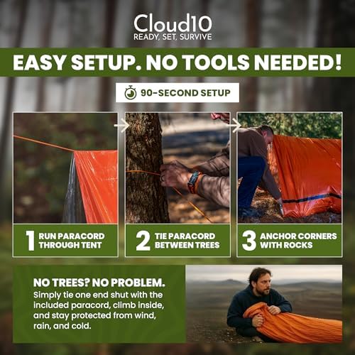 CloudTen Emergency Tent: Lightweight 2 Person Survival Tent with Multi-Function Paracord Bracelets - Essential Survival Gear & Bug Out Bag Items for Preppers, Hikers, Survivalists, Campers, Boy Scouts