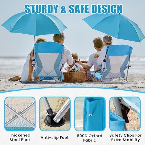 Lamberia Folding Beach Chair with Umbrella for Adults, Portable Low Beach Chairs with 300lbs Capacity, Lightweight Fodable Camping Chair for Travel, Picnic, Concert & Outdoor Activities, Blue