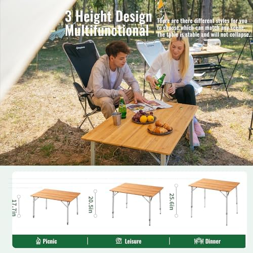 KingCamp Bamboo Folding Camping Table, 4-Fold Adjustable Outdoor Table