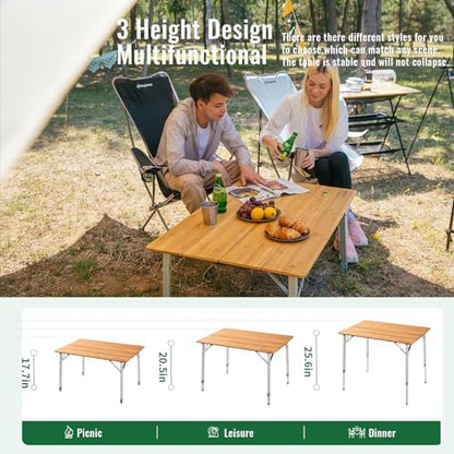 KingCamp Bamboo Folding Camping Table, 4-Fold Adjustable Outdoor Table