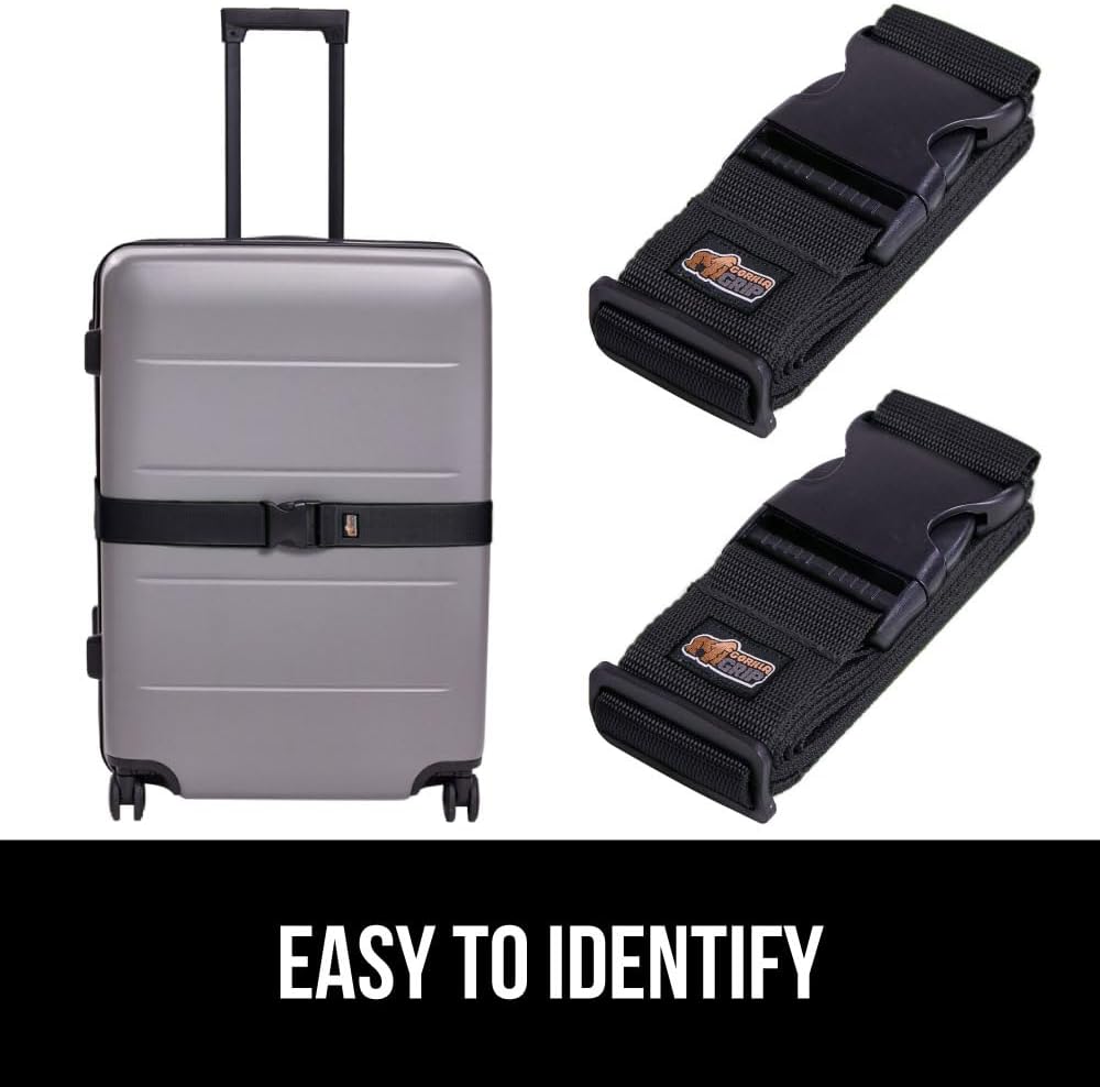 GORILLA GRIP Heavy Duty Adjustable Luggage Straps for Suitcases, Easy to Identify Travel Belt Connector Holds Suitcase Together, Extends Life of Bag, Strap Connects Two Bags, Accessories 2 Pack Black