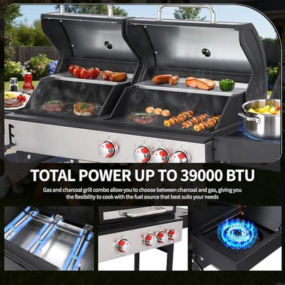 2-in-1 Propane Gas & Charcoal Grill with Griddle & Side Burner