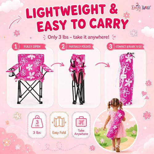 Emily Rose Kids Pink Folding Beach Camp Chair with Cup Holder Safety Lock & Carry Case - Toddler Girls Chair Ages 2-7 Indoor Outdoor Lightweight Portable - Floral Design 125lb Capacity