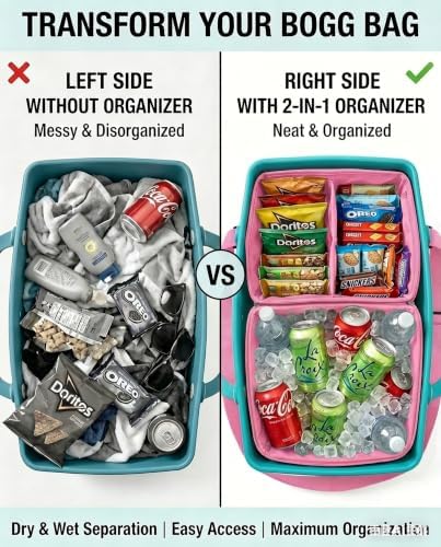Insulated Cooler Organizer Insert Compatible with XL Bogg Bag,2-in-1 Dry-Wet Separate Tote Insert Leakproof Cooler&Mesh Storage Bag,Bogg Bag Accessories for Beach,Camping