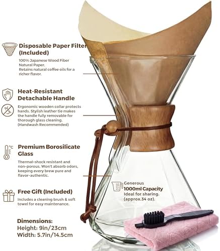 AGOGO Pour Over Coffee Maker Set, 34oz Diamond Style, 50 Paper Filters