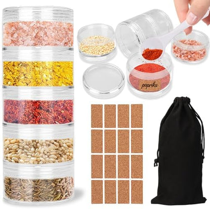 5 Layers Portable Travel Spice Jars with Label and Measuring Spoon, Multi Camping Spice Containers, Clear Small Spice Jars with Organizer Bag for Outdoor Cooking, Camping, Traveling,Barbecuing