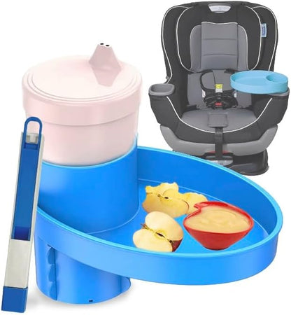 Complete Kids Travel Tray Kit - Easily Expands Cup Holder into 360° Cup & Travel Tray for Kids Car Seat, Booster, and Stroller - Toddler Road Trip Essentials Set Includes Coaster & Brush (Blue)