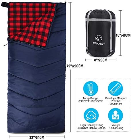 REDCAMP Cotton Flannel Sleeping Bag for Camping Backpacking, Adults Cold Weather Envelope Sleeping Bags with 2/3/4/6lbs Filling