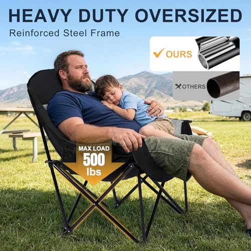 Oversized Camping Chairs for Adult - Heavy Duty Padded Portable Folding Chair XL Collapsible Camp Chair with Cup Holder Side Pocket for Outdoor Lawn Beach Sport Fishing Support 500LBS, Grey