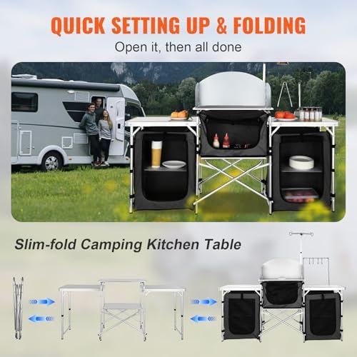 VEVOR Camping Kitchen Table, Folding Outdoor Cooking Table with Storage Carrying Bag, Aluminum Cook Station 3 Cupboard & Detachable Windscreen, Quick Set-up for Picnics, BBQ, RV Traveling, Black