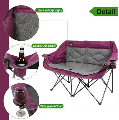 Northroad Folding Loveseat Camping Chair Portable Double Duo Full Padded Garden Chair for 2 Person Sofa w/ 2 Cup Holder,Wine Glass Holder,Mesh Storage,Support 500lbs for Picnic Beach Travel (Purple)