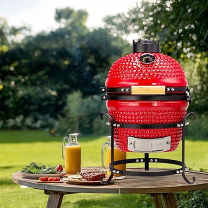 13" Portable Round Ceramic Charcoal Grill,Outdoor Barbecue Smoker,Heavy Duty Outdoor BBQ Grill,Vertical Camping Barbecue Grill,with Built-in Thermometer,for Garden Patio Beach Backyard (Red)
