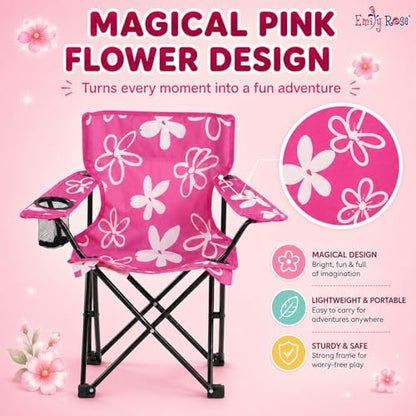 Emily Rose Kids Pink Folding Beach Camp Chair with Cup Holder Safety Lock & Carry Case - Toddler Girls Chair Ages 2-7 Indoor Outdoor Lightweight Portable - Floral Design 125lb Capacity