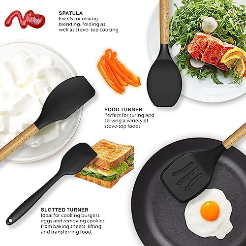 oannao Silicone Cooking Utensils Set - 446°F Heat Resistant Silicone Kitchen Utensils for Cooking,Kitchen Utensil Spatula Set w Wooden Handles, BPA FREE Gadgets for Non-Stick Cookware (Black)