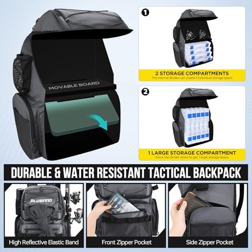 PLUSINNO Cooler Fishing Backpack with Rod Holders 45L Large Water-resistant Fishing Tackle bag Store Fishing Gear Fishing Gifts for Men Father