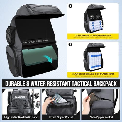 PLUSINNO Cooler Fishing Backpack with Rod Holders 45L Large Water-resistant Fishing Tackle bag Store Fishing Gear Fishing Gifts for Men Father