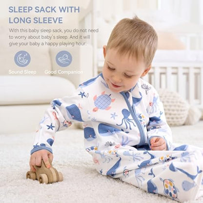 Baby Sleep Sack 0-6 Months, Long Sleeve Baby Wearable Blanket 0.5 Tog with Mittens, 2-Way Zipper Newborn Cotton Sleeping Sack for Boy and Girl Blue Whale 2 Pack (Small)