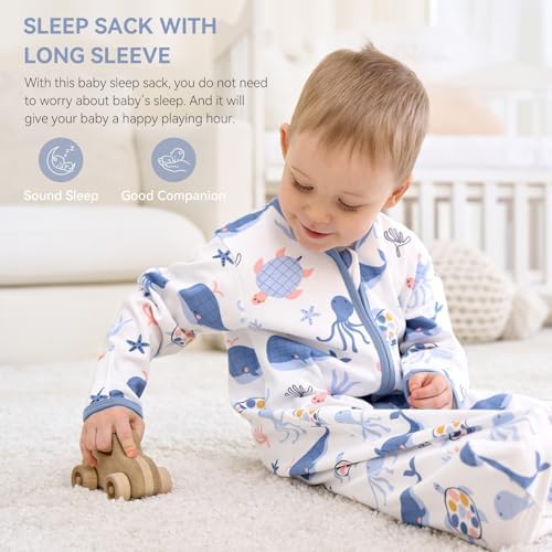 Baby Sleep Sack 6-12 Months, Long Sleeve Baby Wearable Blanket 0.5 Tog with Mittens, 2-Way Zipper Newborn Cotton Sleeping Sack for Boy and Girl Blue Whale 2 Pack (Medium)