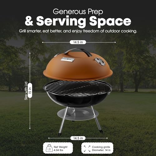GasOne 14-inch Portable Charcoal Barbecue Grill with Thermometer Lux Brown
