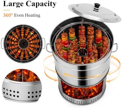 Portable Stainless Steel Charcoal Grill, Smokeless Barrel BBQ Grill with 50 Skewers, Large Capacity 360° Outdoor Cooking for Camping, Picnic, and Backyard Barbecue