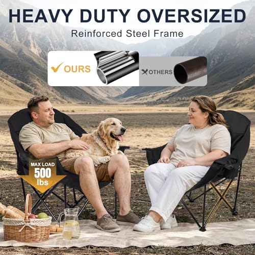 Oversized Camping Chairs 2 Pack, 500 LBS Heavy Duty Folding Chairs, Black