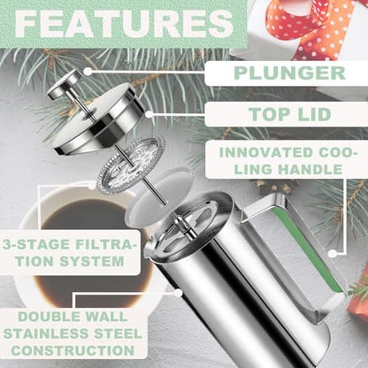 600ML French Press Coffee Maker 21OZ Camping Coffee Press with Green Handle for Personal, Office, Travel(Sanding Silver, 1-3 Cups)