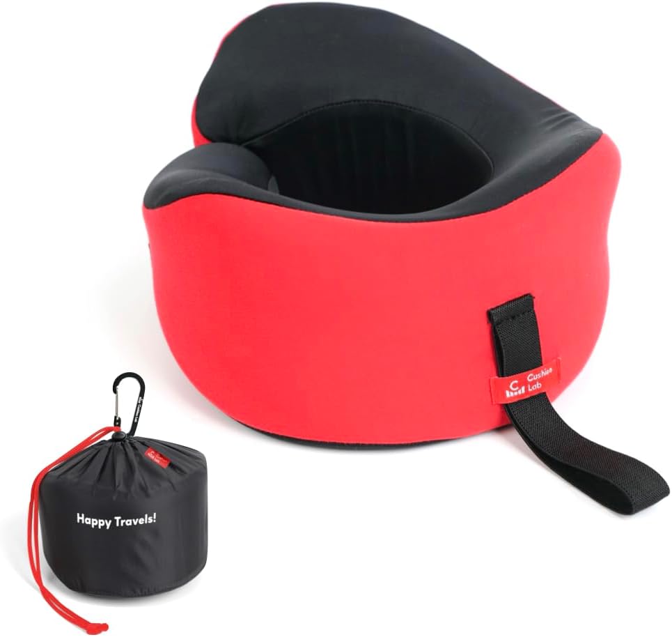 C CUSHION LAB Travel Pillow, Award-Winning Patented Ergonomic Design for Chin & Neck Support Memory Foam Neck Pillow, Compact Airplane Pillow for Traveling, Flight, Car (Bold Red, Large)