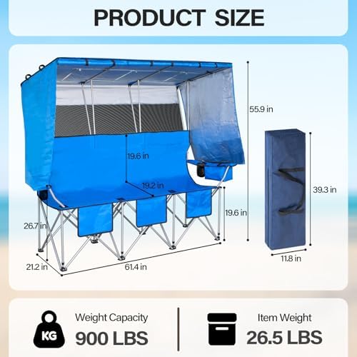 BESTHLS Portable Folding Camping Chair with Canopy Shade for 3 Person Blue