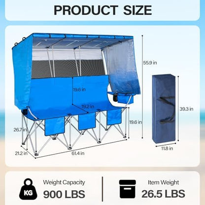 BESTHLS Portable Folding Camping Chair with Canopy Shade for 3 Person Blue