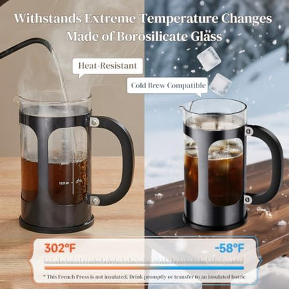 Veken French Press Coffee Maker,No Plastic Touching Cafe,34oz 1L Cafetera,Heat Resistant Thickened Borosilicate Glass Stainless Steel Pot for Kitchen,Travel,Camping,Tea, Gifts, Dark Pewter (Pack of 2)