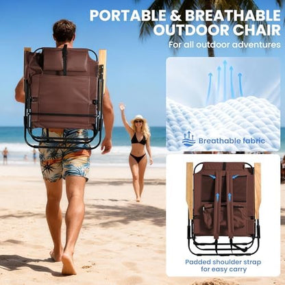 2 Pack Premium 5-Position Reclining Camping Chair - Portable Folding Lightweight Outdoor Chair with Wooden Armrests, Headrest & Pockets, 350lbs Heavy Duty for Beach, Patio, Backyard, Coffee