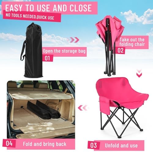 2 Pack Compact Camping Chairs Portable Folding for Outside with Carry Bag Lightweight Moon Chairs for Travel Picnic Hiking Beach Fishing, 600D Oxford, Supports 330lbs(Pink)