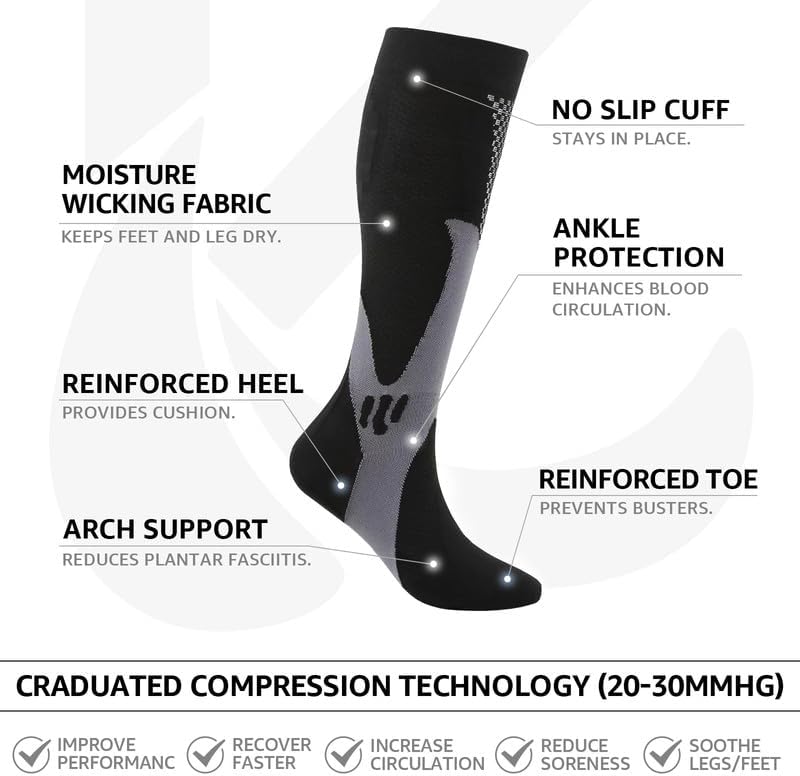 Kickticks 4 Pairs Compression Socks for Woman & Man Unisex 20-30mmHg Knee high Plus Size Wide Calves for Flying Running…