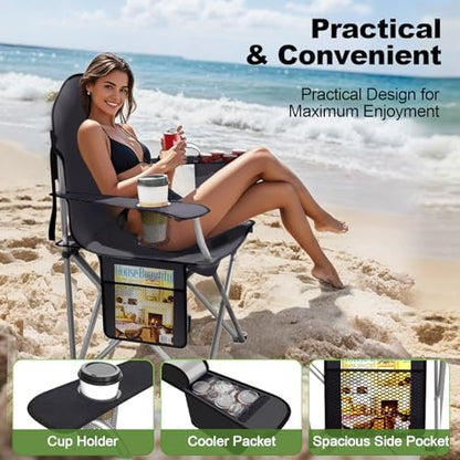 Folding Portable Camping Chair with Cooler, Cup Holder & Storage Pocket
