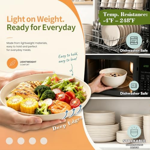 Wrova Unbreakable Plates Bowls and Cups Set, Wheat Straw Dinnerware Sets