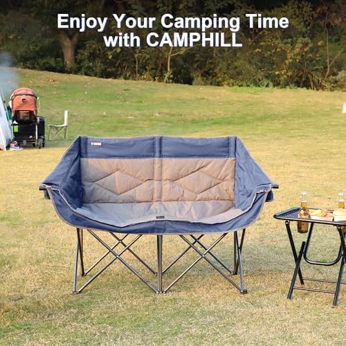 Oversized Double Camping Chair-Heavy Duty 2 Person Folding Loveseat Camp Couch for Adults,Portable Outdoor Lawn Chairs with Padded Seat for Fishing,Sports and Patio,Supports 500 LBS,Blue