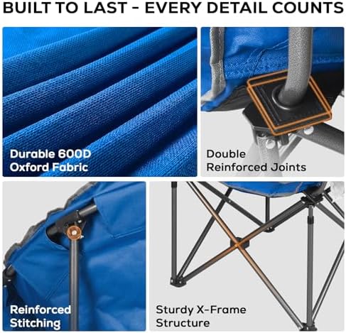 Romswi Oversized XXL Padded Camping Chairs for Adults, 1Pcs 500lbs Heavy Duty Support, 500G Ultra-Thick Cushion Sofa-Like Comfort, Folding Lawn Chair with Cooler Bag & Side Pockets, Blue
