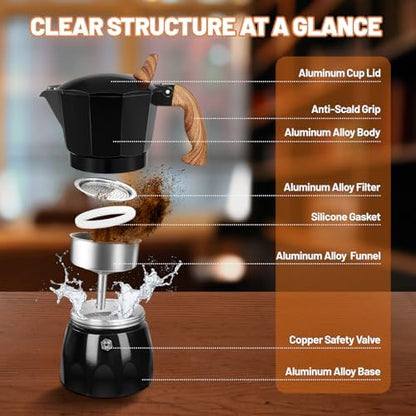 3 Cup Aluminum Espresso Stovetop Moka Pot Express Coffee Maker Percolator Italian Classic Mocha Coffee Machine for Italian and Cuban Cafe Brewing for Home & Camping 150ml 5oz