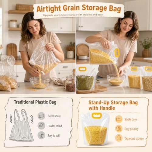 Airtight Grain Storage Bags with Handle - Cereal Containers with Pour Spout, Reusable Rice Food Sealed Container (15PCS,Large-350 OZ)