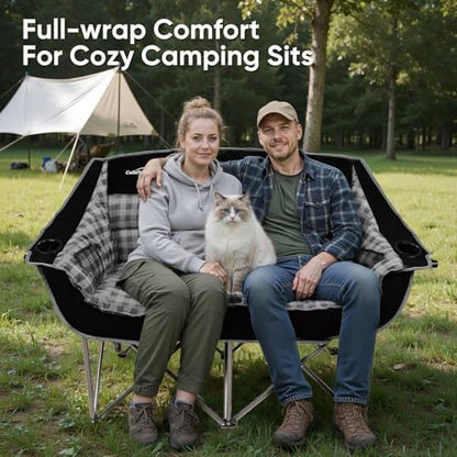 Colorsoul Double Folding Camping Chair,Fully Padded Loveseat Camping Couch,Oversized 2 Person Lawn Chair w/Cup Holder,Wine Glass Holder,Mesh Storage for Patio Picnic Beach,Support 600lbs,Black Plaid