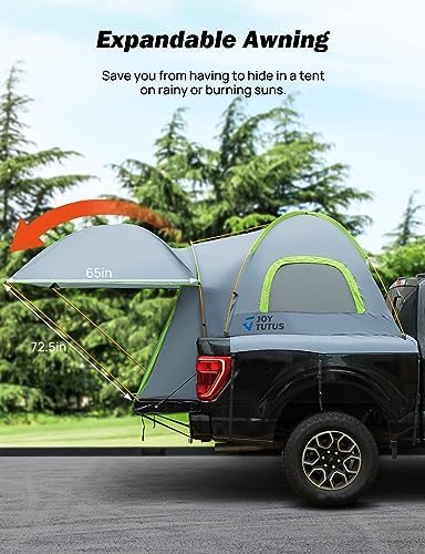 JOYTUTUS Pickup Truck Tent 5.5ft Bed Tent with Removable Awning, Waterproof PU2000mm Double Layer for 2 Person, Portable Truck Bed Tent - Green, Aluminum Pole
