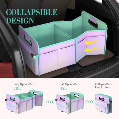 titiyiof Trunk Organizer For Suv&Sedan,Car Organizers&Storage, Waterproof Collapsible & Adjustable Straps,70L Sturdy Car Organization for Car Accessories,Tools,Sundries,2-3Compartment(Colorful Green)