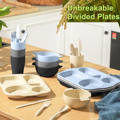 Honoson 24pcs Wheat Straw Dinnerware, Unbreakable, Vivid Color