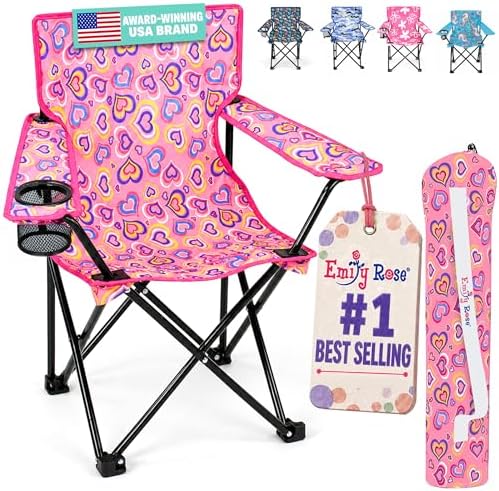 Emily Rose Sea Playful Hearts Kids Folding Camp Chair – Ages 2-7 with Safety Lock