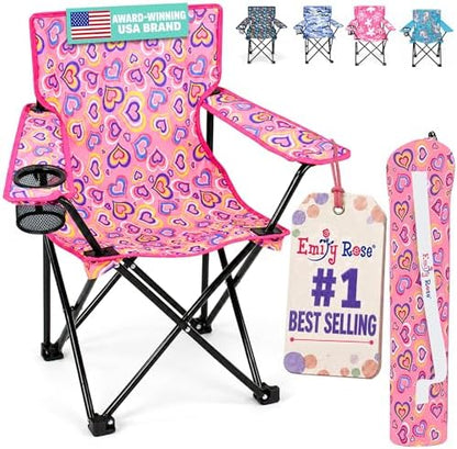 Emily Rose Sea Playful Hearts Kids Folding Camp Chair – Ages 2-7 with Safety Lock