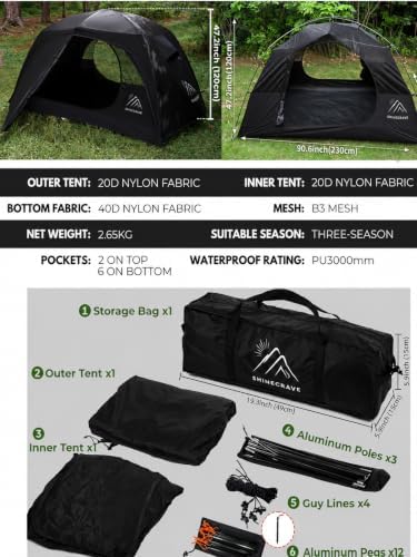 Camping Tent 2 Person, Backpacking Tent, 20D Nylon/Taffeta PU3000mm