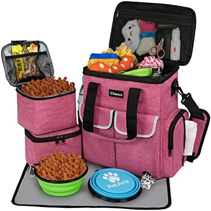 PetAmi Dog Travel Bag Pet Supplies Accessories Organizer for Traveling, Camping, Weekend; Cat Pet Travel Bag Kit Includes 2 Food Storage Containers, 2 Collapsible Bowls, 1 Feeding Mat (Pink)